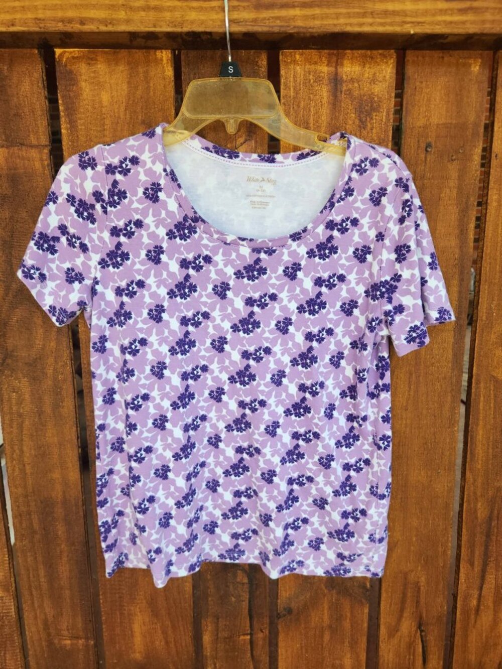 Size M Women's Purple Flower Shirt Short Sleeve Floral Top Casual White Stag - Picture 3 of 5